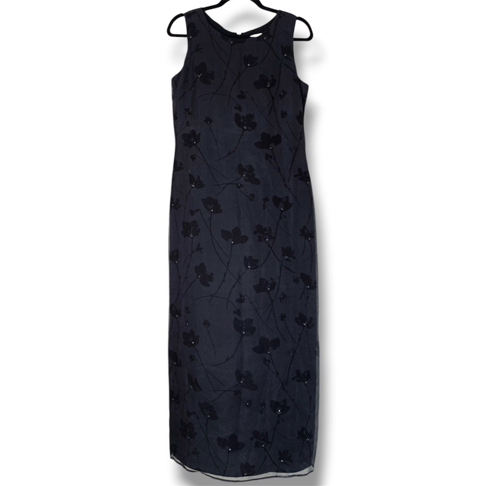 90s Vintage 100% Silk Maxi Dress Black Floral Beaded Sz 8 Goth Formal Minimalist